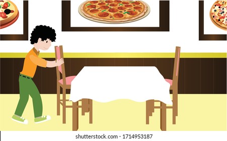 Vector Illustration Of A Boy Pulling A Chair, Pull A Chair