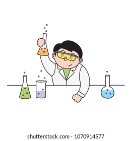 vector illustration boy pupil holds chemical experiments
