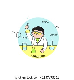 vector illustration boy pupil holds chemical experiments,cartoon design