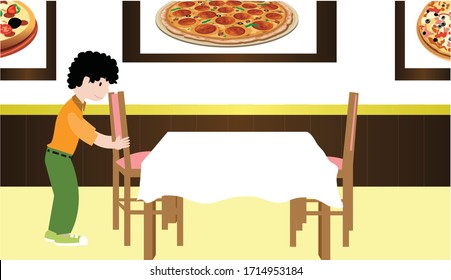 Vector Illustration of a Boy Pushing a Chair, Push a Chair