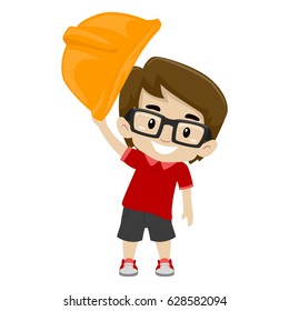 Vector Illustration of Boy putting an Engineer Helmet on his head