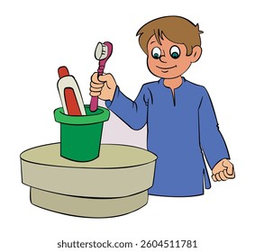 Vector illustration boy is putting toothbrush in the mug