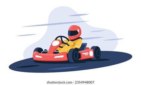 Vektorgrafik mit einem Jungen-Racer einzeln auf weißem Hintergrund. Cartoon-Szene mit einem Karting-Athlet in einem Helm, Anzug und Handschuhe, die ein Rennauto fahren. Karting-Wettbewerb. Motorsport.