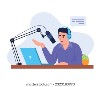 Vector illustration of a boy radio host. Cartoon scene with a radio host sitting at a table with a microphone and headphones and communicating online through a laptop isolated on a white background.