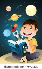 A Vector Illustration Of A Boy Reading An Astronomy Science Book