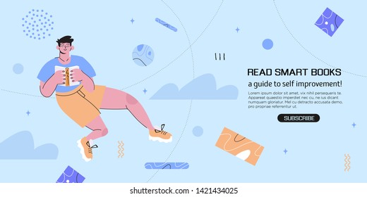 Vector illustration of a boy reading a book on an abstract geometric background in a trendy style. Creative banner, flyer or landing page template. World book day or international literacy day.