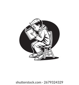 Vector Illustration of a Boy Reading a Book – Black and White Design