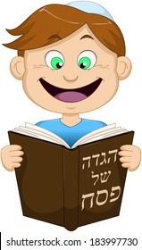 Vector illustration of a boy reading from Haggadah of Passover. The title on the front cover says "Haggadah of Passover". 