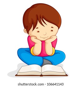 vector illustration of boy reading open book sitting on floor