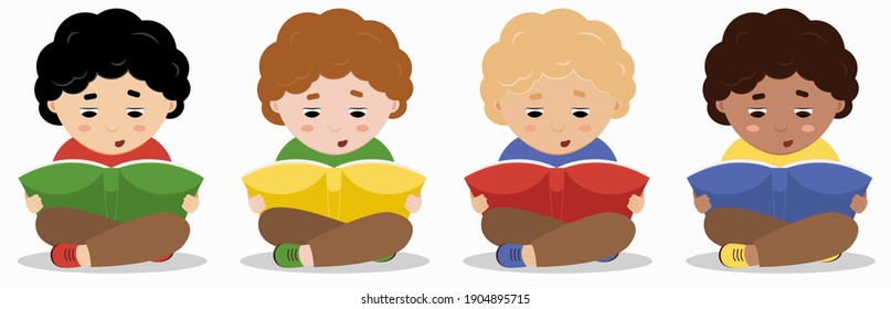 vector illustration of boy reading open book sitting on floor