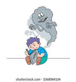 vector illustration a boy is reading a scary book, a terrible ghost scares a child