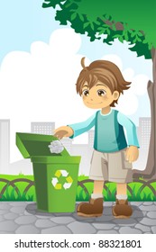 A vector illustration of a boy recycling a piece of paper