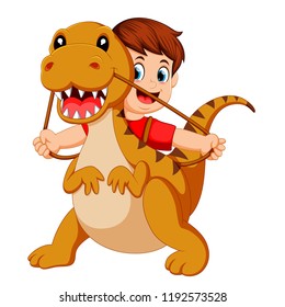 vector illustration of the boy with the red cloth using the Tyrannosaurus Rex costume and pull the rope