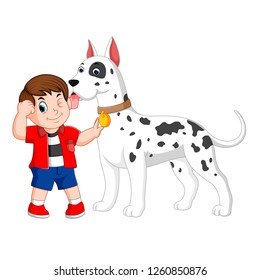 vector illustration of a boy with the red shirt is holding his big white dalmatian dog