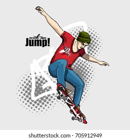 Vector illustration of boy with a a red skateboard. Hand drawn illustration of skateboarder