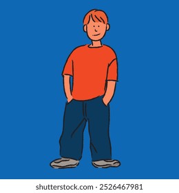 Vector illustration of a boy in a red T-shirt with his hands in his pockets
