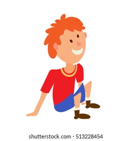 Vector illustration of a boy in a red T-shirt and shorts sitting on the floor. Colored figure child in a position of rest