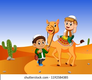 vector illustration of the boy ridding a camel in the wasteland and the a men guide the camel