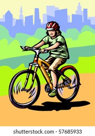 Vector illustration of boy riding bicycle in park.