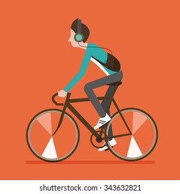 vector illustration of a boy riding bicycles isolated in orange background ,listening music,side view 