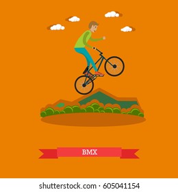 Vector illustration of boy riding bmx bike. Freestyle rider performing a jump based stunt. Sport bicycle for stunt riding concept design element in flat style.