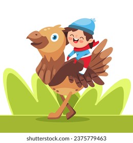 Vector illustration of a boy riding a bustard in a cute cartoon style.