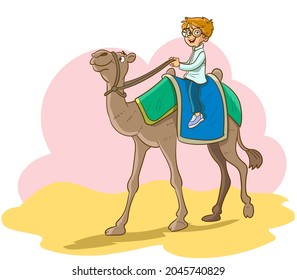 vector illustration of boy riding camel