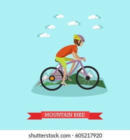 Vector illustration of boy riding mountain bike. Sport all terrain bicycle concept design element in flat style.