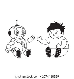 Vector illustration the boy and the robot greet each other. Linear design isolated on white background.