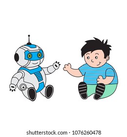 vector illustration boy and robot sitting and talking