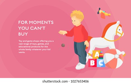 Vector illustration with boy, rocking horse, ABC bricks, ball, whirligig and plane.
Cartoon toys banner with place for text.