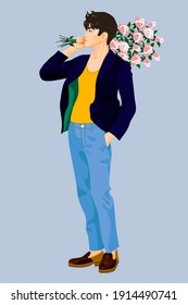 Vector Illustration Boy With Rose Boquet