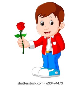 vector illustration of boy with a rose flower cartoon