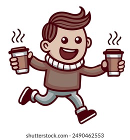 Ilustración vectorial, chico corriendo con café, estilo de dibujos animados