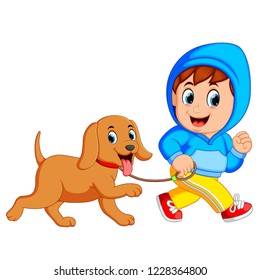 Vector illustration of A boy running with dog