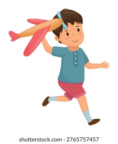 Vector illustration of a boy running and holding a red toy airplane.