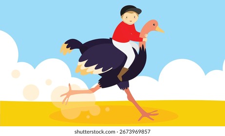 Ilustração vetorial de um menino correndo com um peru na fazenda.