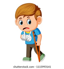 vector illustration of boy sadness with a broken arm