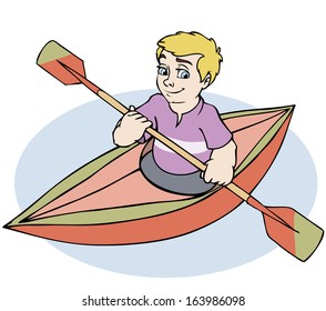 Vector illustration, boy sailing with a canoe, cartoon concept, white background.