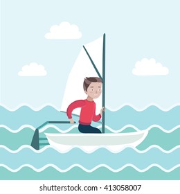 Vector illustration of a boy sailing in the sea and rules the boat