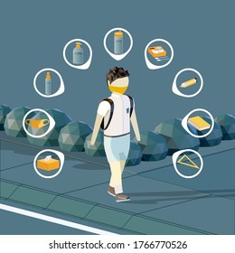 Vector illustration of a boy in school uniform, wearing protective face mask, with new normal school stuff in his bag. 