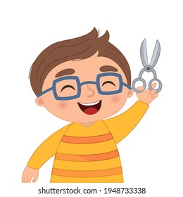 Vector illustration of a boy with scissors in her hands in cartoon style.
