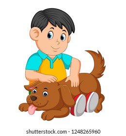 vector illustration of boy scratching dog's back