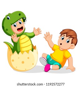 vector illustration of the boy shocked when his friend came out from the egg and using the Tyrannosaurus Rex costume