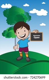 Vector illustration of boy showing tablet , admission open poster, back to school vector art.
