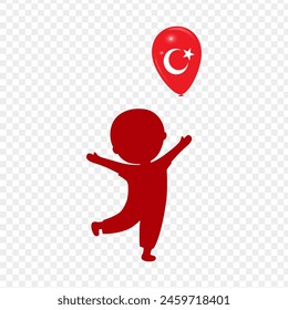 Vector illustration of boy silhouette holding Turkey flag balloon in hand on transparent background