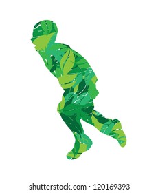 vector illustration of boy silhouette running with leaves