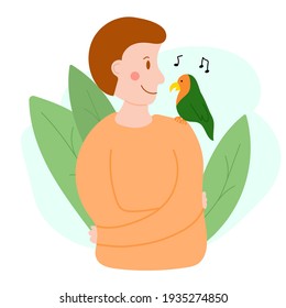 Vector illustration of boy with singing parrot. Design for web-sites, flyers, banners, posters, prints, etc