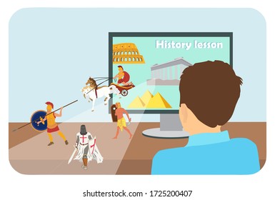 Vector illustration boy sits in front of a monitor and watches an online history lesson