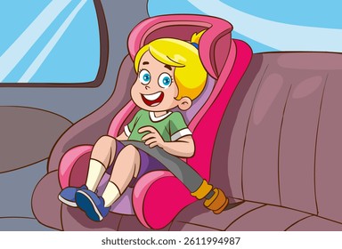 vector illustration of boy sitting in child seat in car